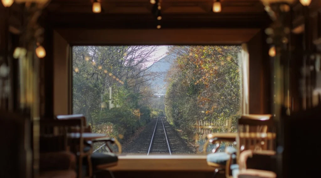 Vue depuis la voiture panoramique du Seven Stars in Kyushu sur la voie ferr&eacute;e entour&eacute;e de feuillages d'automne
