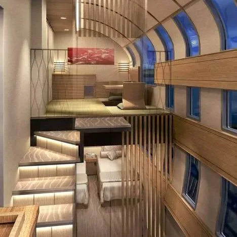 Deluxe Suite du Train Suite Shiki-Shima &mdash; int&eacute;rieur sur deux niveaux avec lits tatami et boiseries artisanales japonaises, render officiel JR East