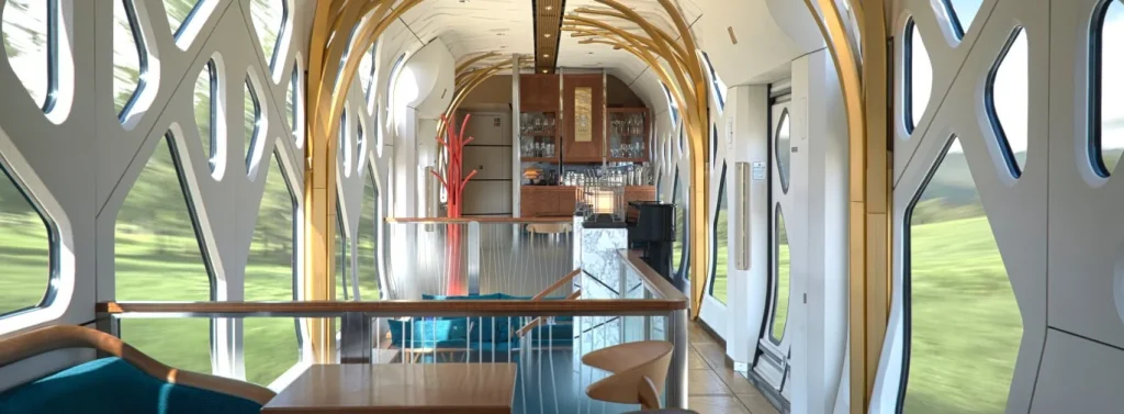 Vue large du Lounge Komorebi du Train Suite Shiki-Shima &mdash; espace principal avec bar, artisanat japonais et fen&ecirc;tres panoramiques, render JR East