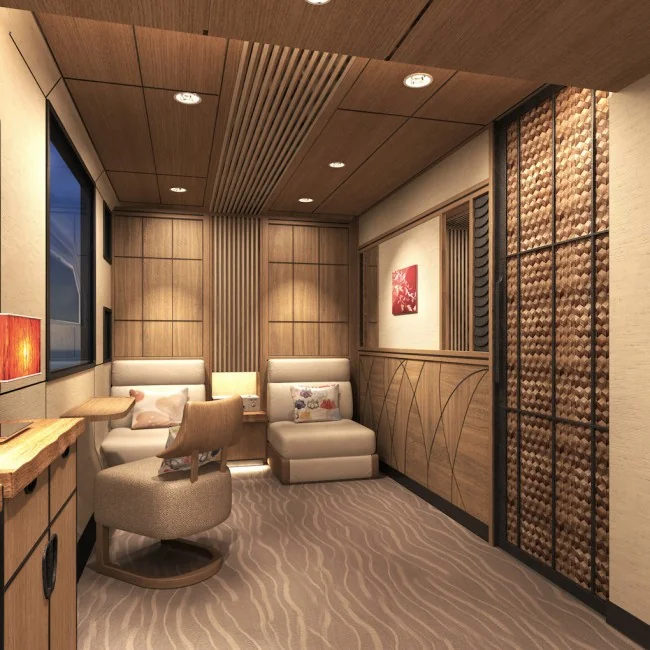 Suite Room du Train Suite Shiki-Shima &mdash; salon avec fauteuils et boiseries artisanales japonaises, d&eacute;cor laque Wajima, render officiel JR East