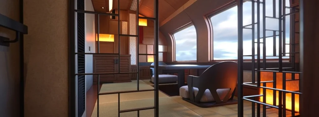 Shiki-Shima Suite Room du Train Suite Shiki-Shima &mdash; sol en tatami traditionnel japonais et fen&ecirc;tre panoramique sur ciel et paysage